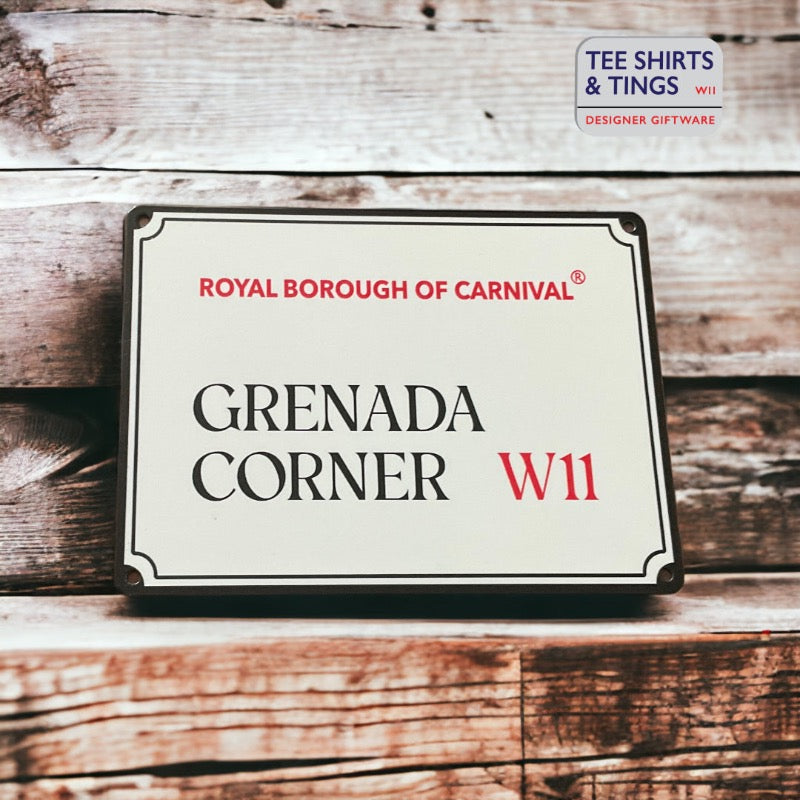 Grenada Corner Mini Street Sign on light coloured wood  setting